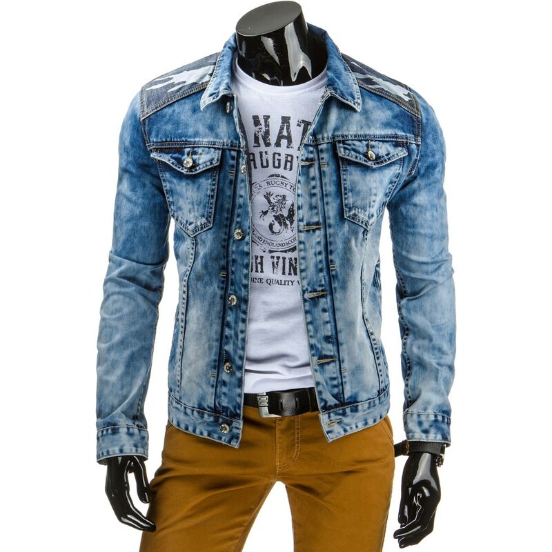 Pánská džínová bunda s maskáčovými nášivkami na loktech