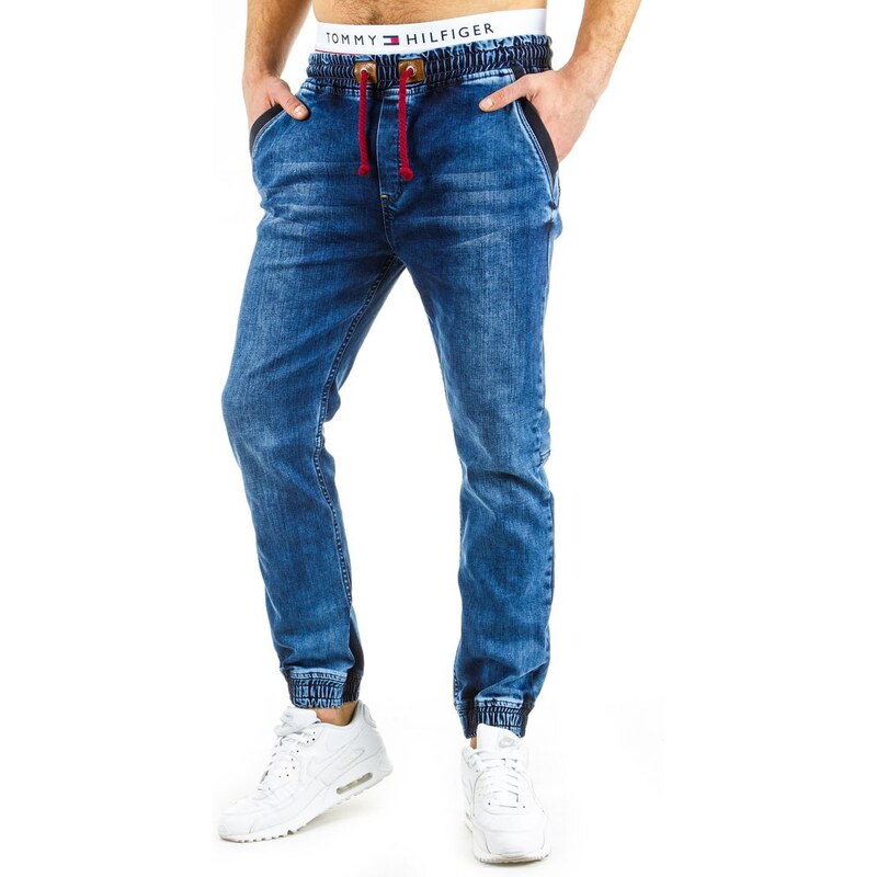 Pánské modré kalhoty džíny s červenou šňůrkou