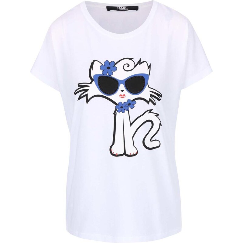 Bílé tričko s potiskem kočky a aplikací KARL LAGERFELD
