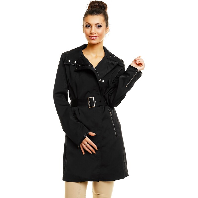 Jarní dámský kabát s koženkovými detaily - černý
