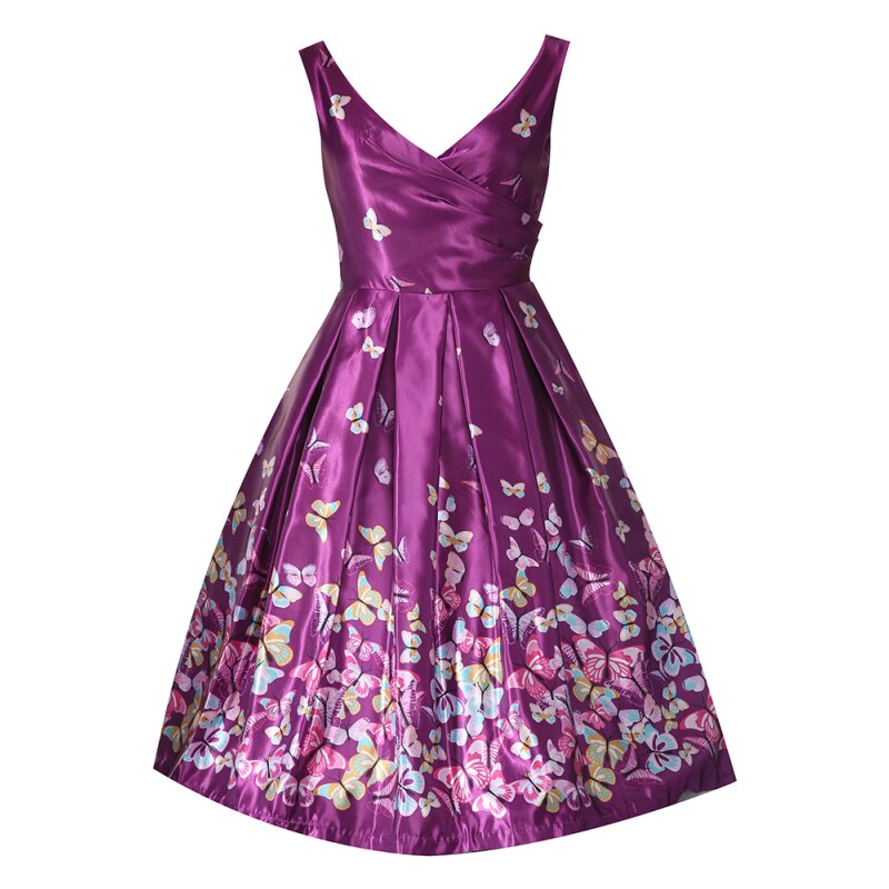 Fialové retro šaty s motýlky Lindy Bop Aurora