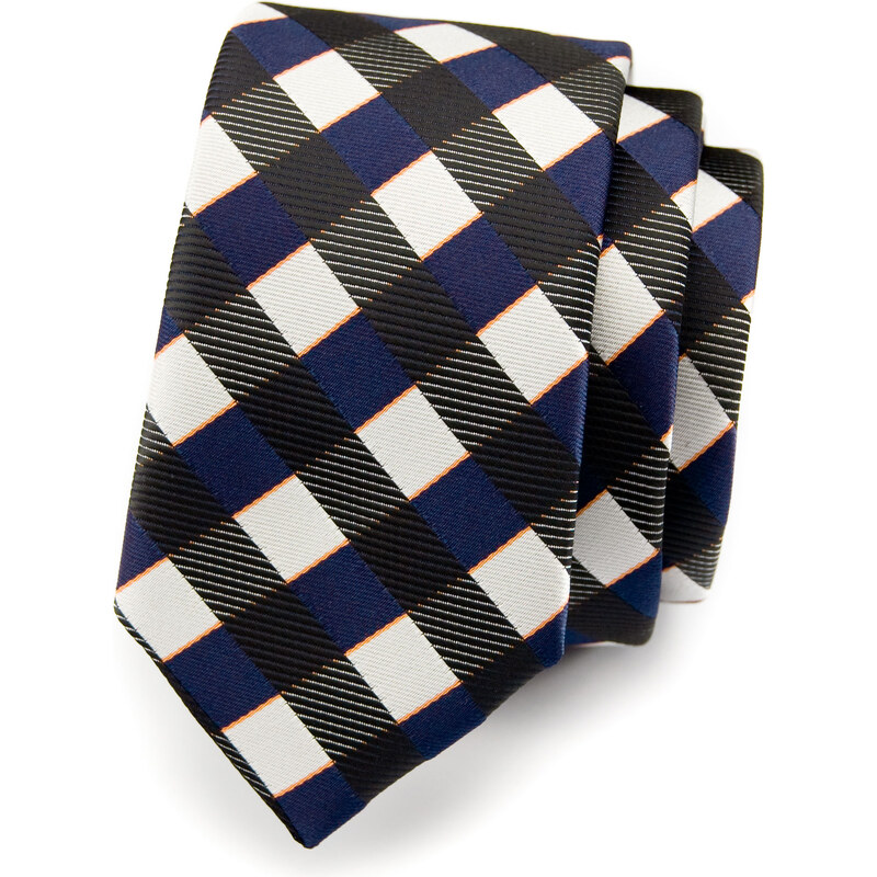 Avantgard Bílo-modrá SLIM kravata s tmavým károvaným vzorem_
