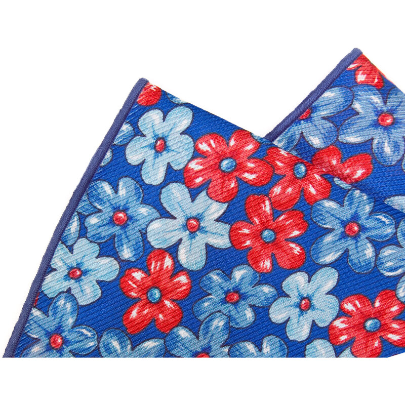 Avantgard Modrý hedvábný kapesníček s květy