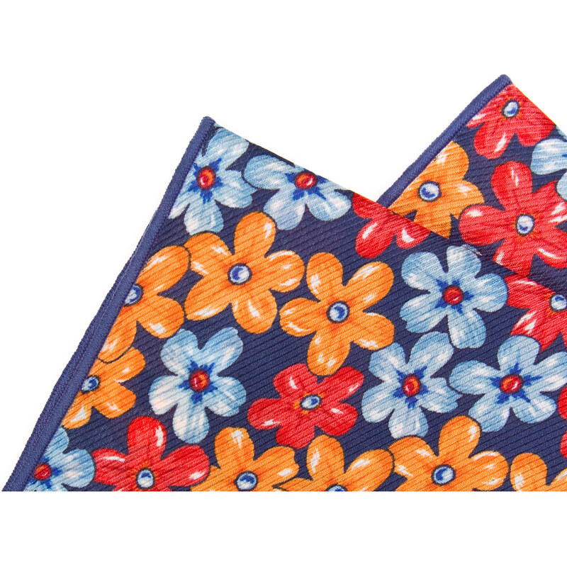 Avantgard Modrý hedvábný kapesníček s barevnými květy