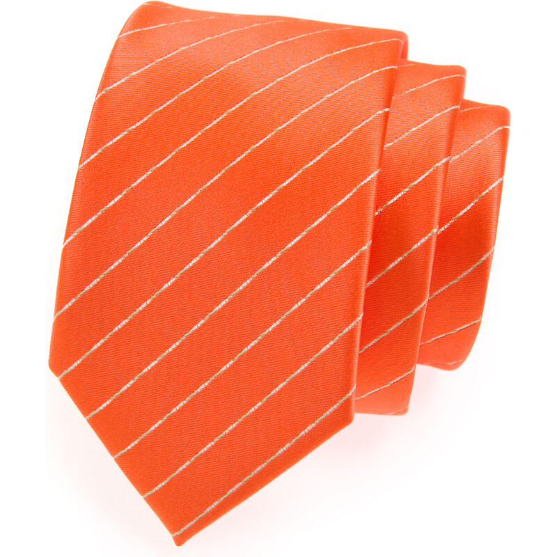 Avantgard Oranžová luxusní kravata s tenkými šikmými bílými proužky _