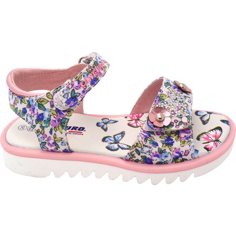 Canguro Dívčí květované sandály s kamínky - růžovo-bílé