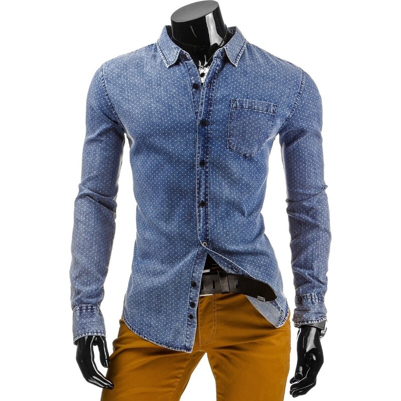 Coolbuddy Pánská puntíkovaná džínová košile s dlouhým rukávem 4754