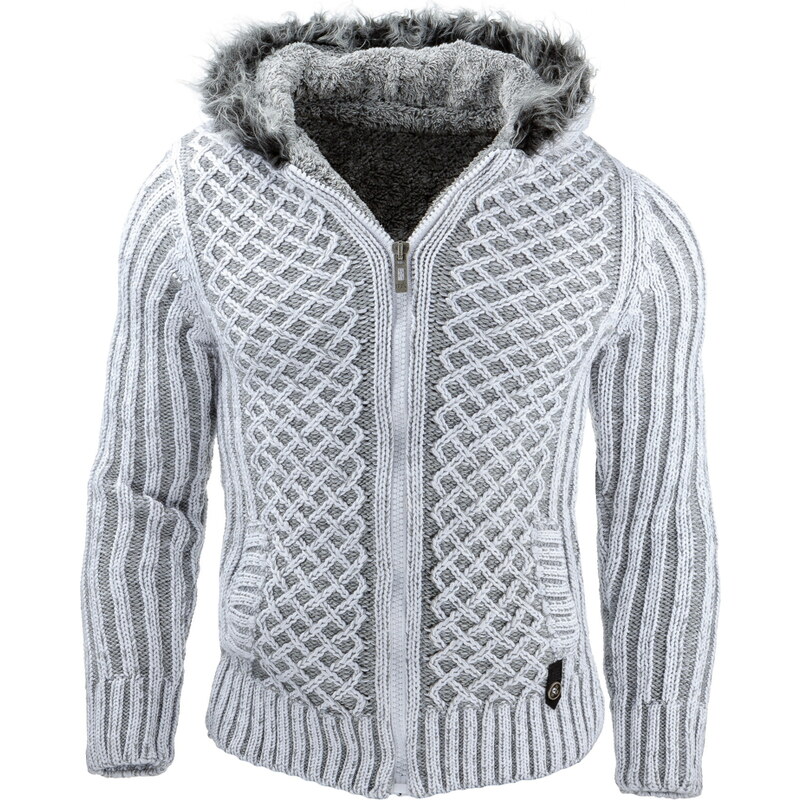 Coolbuddy Pánský bílý svetr s kapucí a kožešinou Xal 7037 Velikost: L