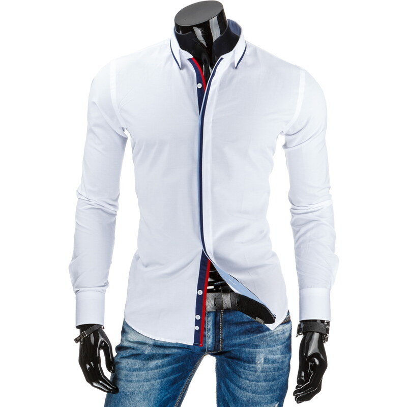 Coolbuddy Pánská bílá košile s dlouhým rukávem a modrým lemem 7222