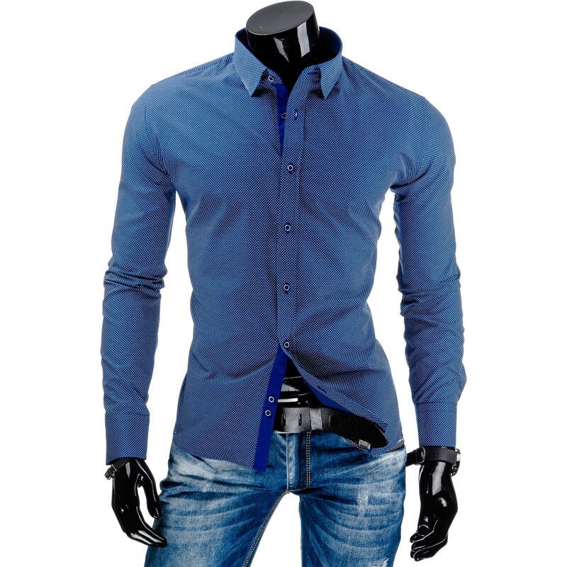 Coolbuddy Modrá pánská košile s dlouhým rukávem a jemným vzorkem 7459