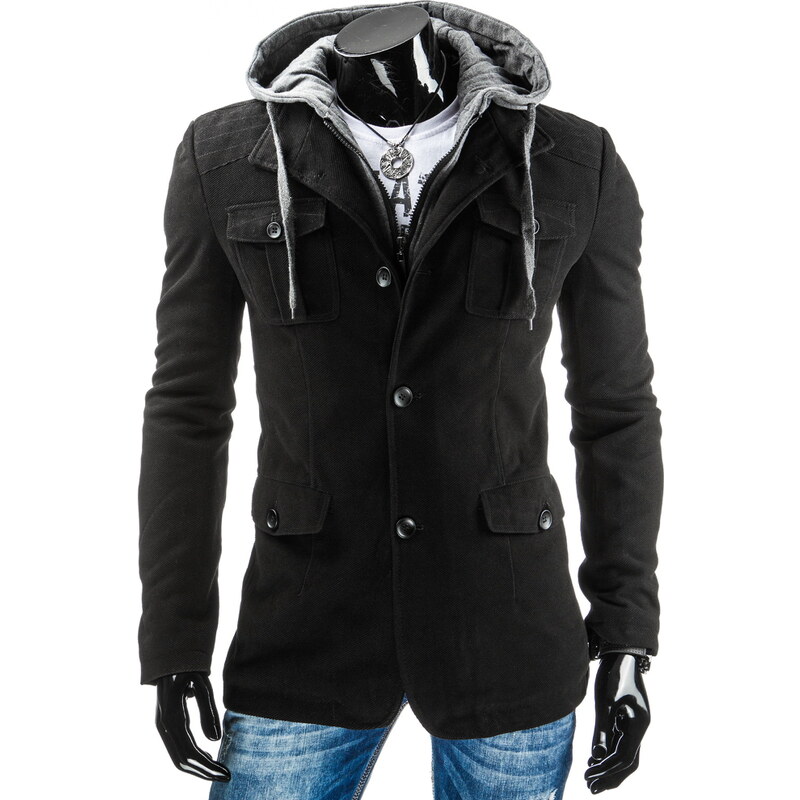 Coolbuddy Černý pánský jednořadý kabát s odepínací kapucí Kirk 7759 Velikost: 3XL