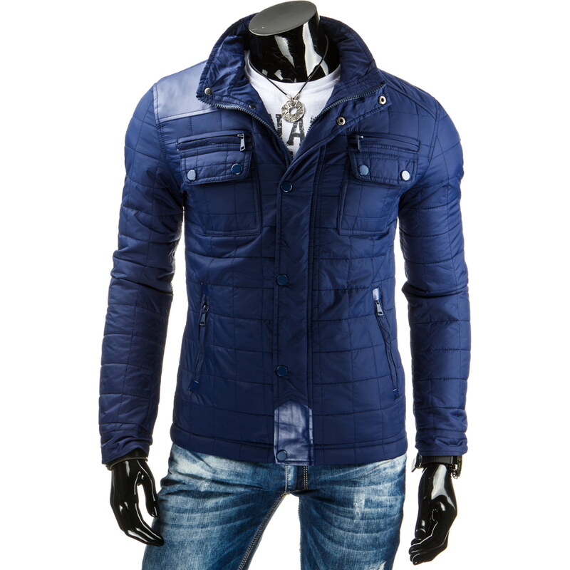 Coolbuddy Pánská modrá prošívaná bunda s aplikacemi z eko-kůže 7768