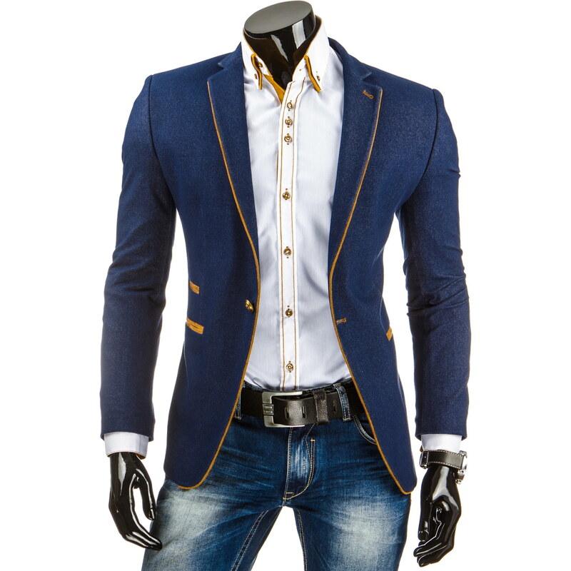 Coolbuddy Tmavě modré pánské sako s pískovým lemováním a zlatým knoflíkem Ben 8071