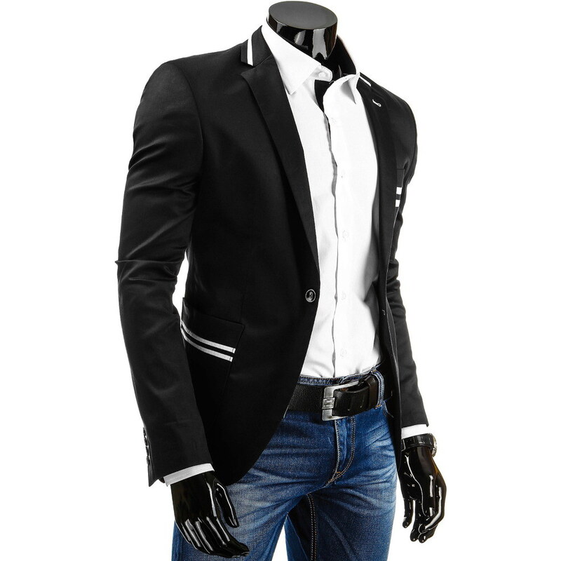 Coolbuddy Elegantní černé pánské sako s bílým lemováním Mun 3737
