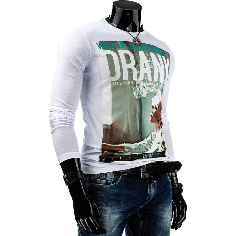 Coolbuddy Bílé bavlněné pánské tričko s dlouhým rukávem a super potiskem 3813