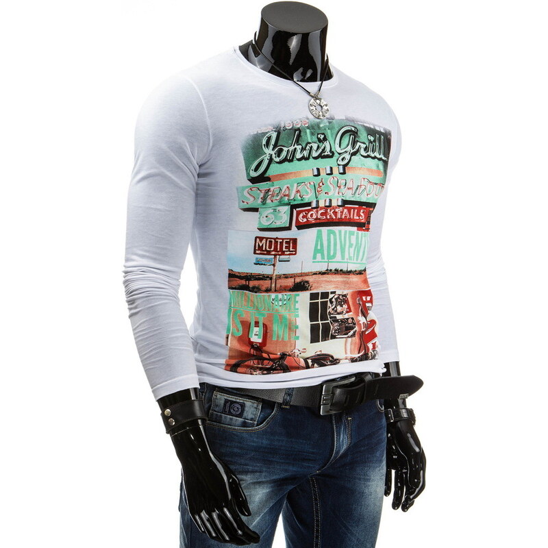 Coolbuddy Bílé pánské tričko s dlouhým rukávem a barevným potiskem 4079