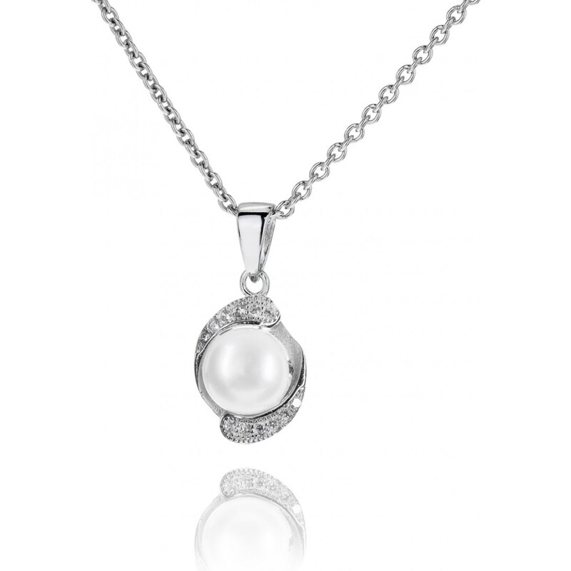 Meucci Stříbrný náhrdelník s přírodní perlou a dvěma řadami zirkonů