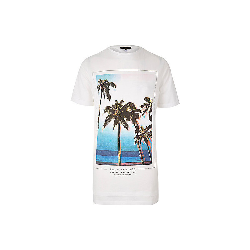 RIVER ISLAND Dlouhé bílé tričko s potiskem palmy