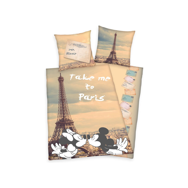 Herding Povlečení Mickey a Minnie Paříž pohlednice bavlna 140/200, 70/90 cm