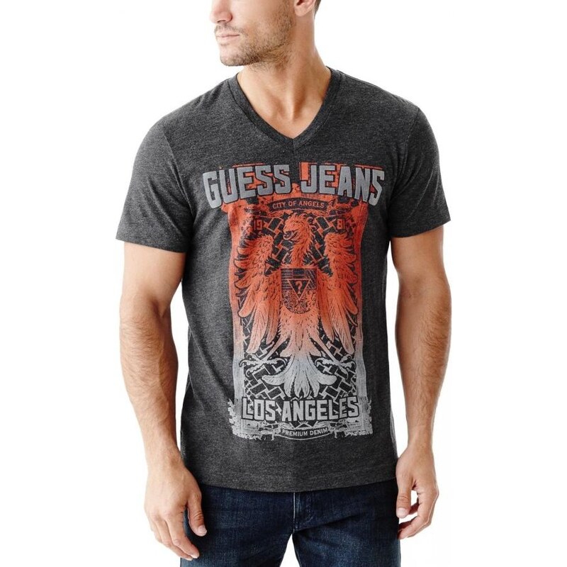 Guess Pánské triko BARLET V-NECK tričko s krátkým rukávem s logem - barva černá
