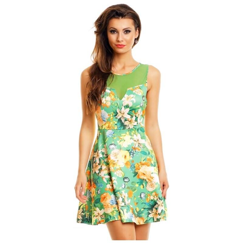 LM moda A Letní šaty zelené s květy HS628