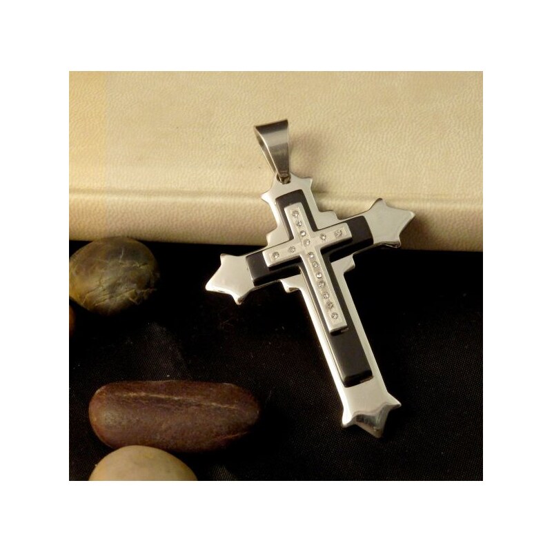 Impress Jewelry Přívěsek z chirurgické oceli - kříž se zirkony - Stříbrno - černý