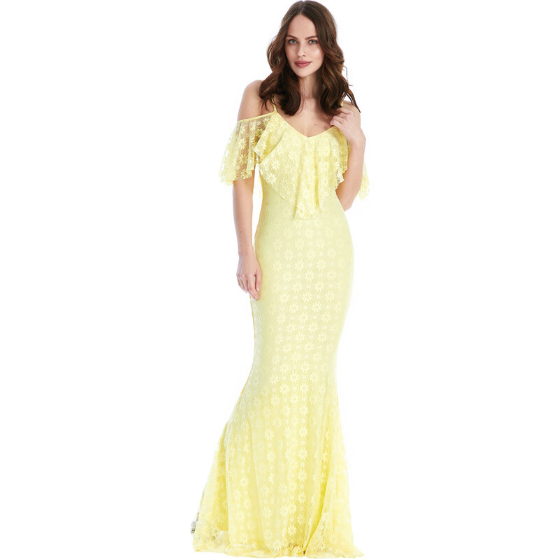 Goddess Dlouhé krajkové šaty CAMELLIA LEMON Barva: Žlutá,