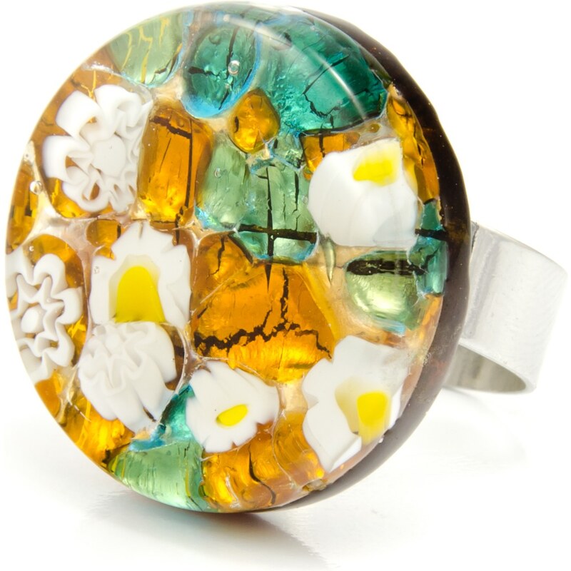 Murano Prsten skleněný kulatý - zlatá, zelená, bílá - Elisa