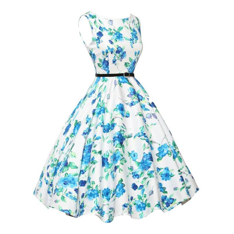 LM moda A Letní šaty s květy bílé a modré