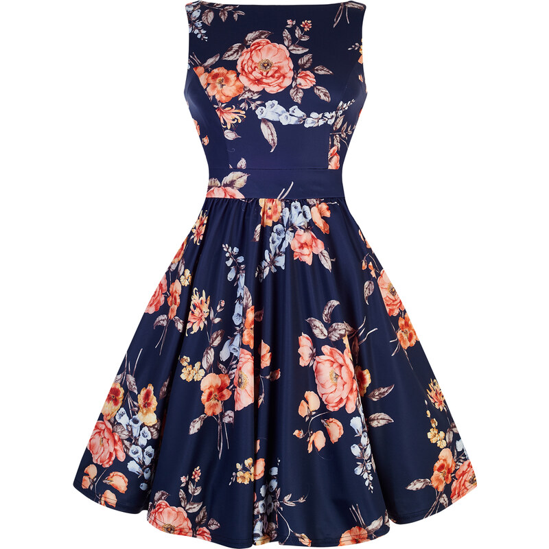 Modré retro šaty s meruňkovými květy Lady V London Tea