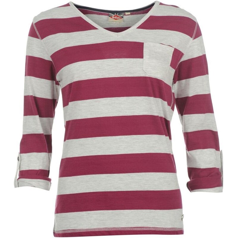 Lee Cooper Striped V neck T Shirt Ladies Burgundy/Ash M 8 (XS)