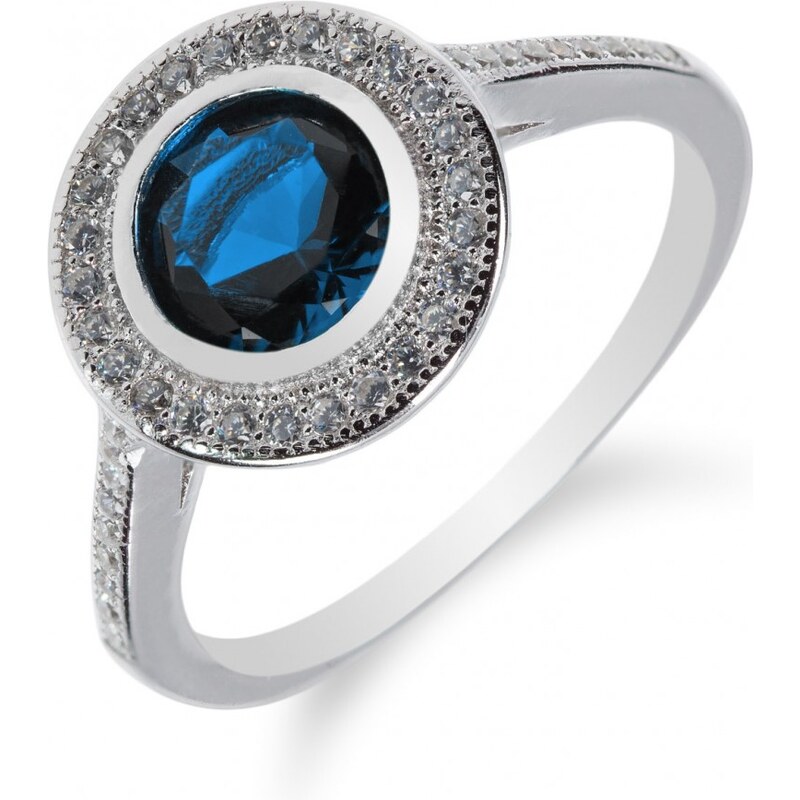 Meucci Stříbrný prsten s kulatým safírem a zirkony