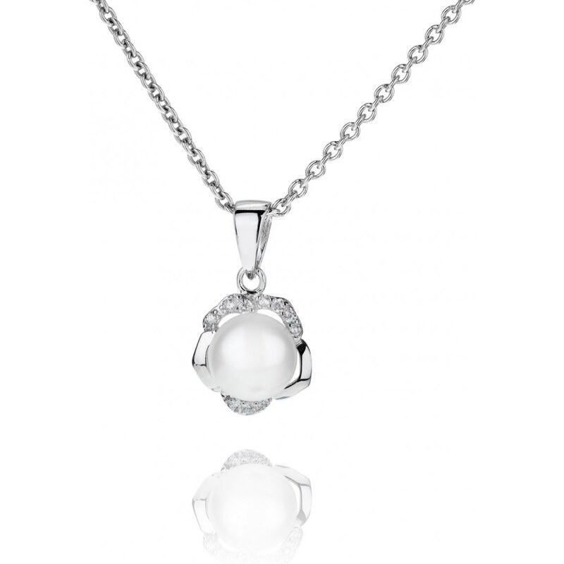 Meucci Stříbrný rhodiovaný náhrdelník s perlou a kytičkou