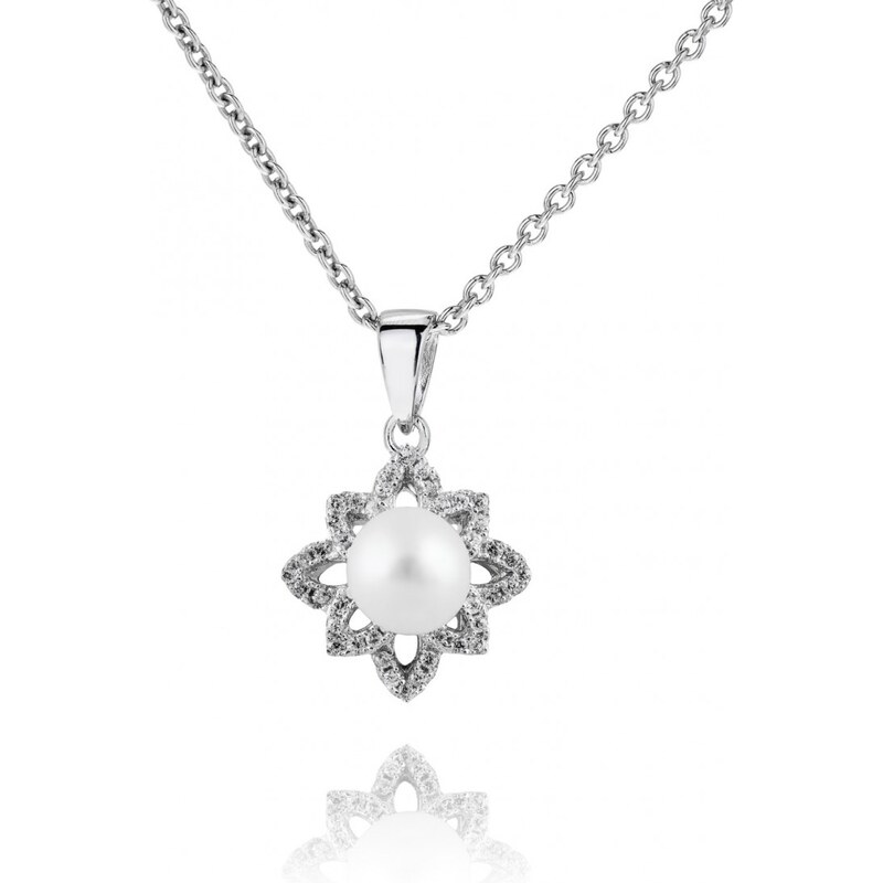 Meucci Perlový stříbrný náhrdelník s kytičkou zirkonů
