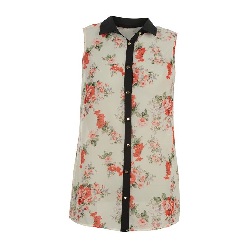 Golddigga Sleeveless All Over Print Shirt Ladies Ecru Floral 8 (XS)
