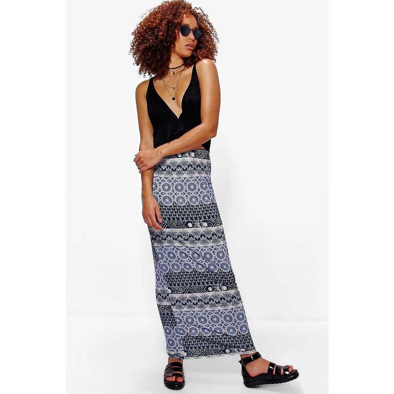 BOOHOO Modrá maxi sukně Iness s marockým potiskem