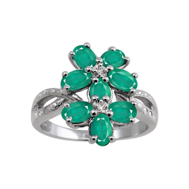 Stříbrný prsten smaragdová květina s diamanty KLENOTA