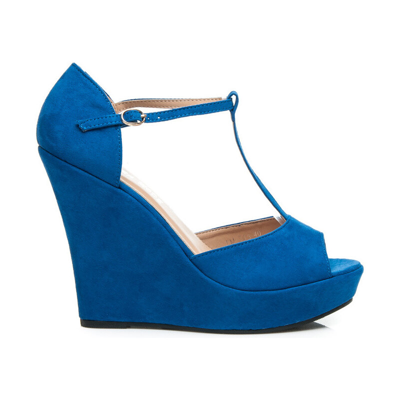 LAURA MODE Perfektní semišové modré sandály na klínku, vel. 39