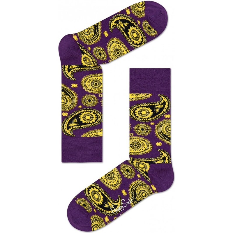 Happy Socks fialové ponožky se žlutým vzorem Paisley