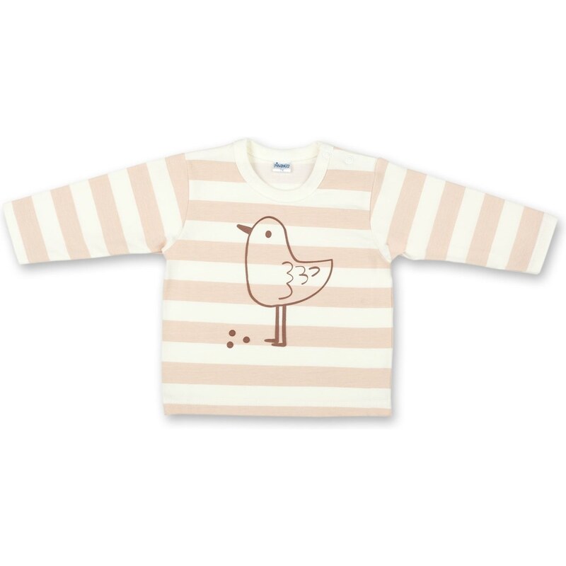 Pinokio Dívčí pruhované tričko s ptáčkem - béžovo-bílé