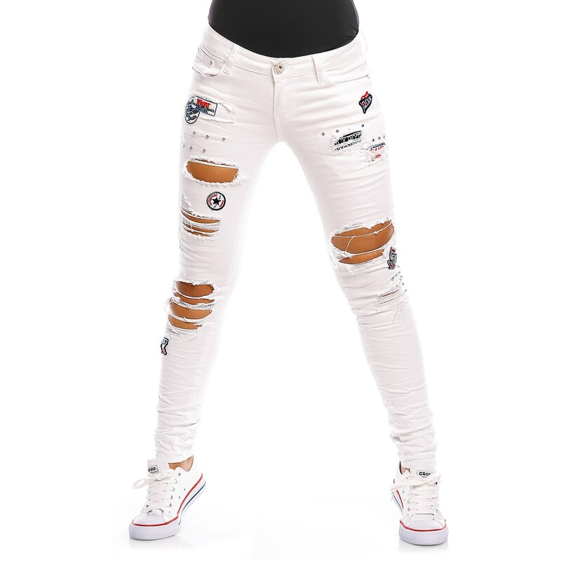 Stylové dámské džíny s nášivkami - bílé