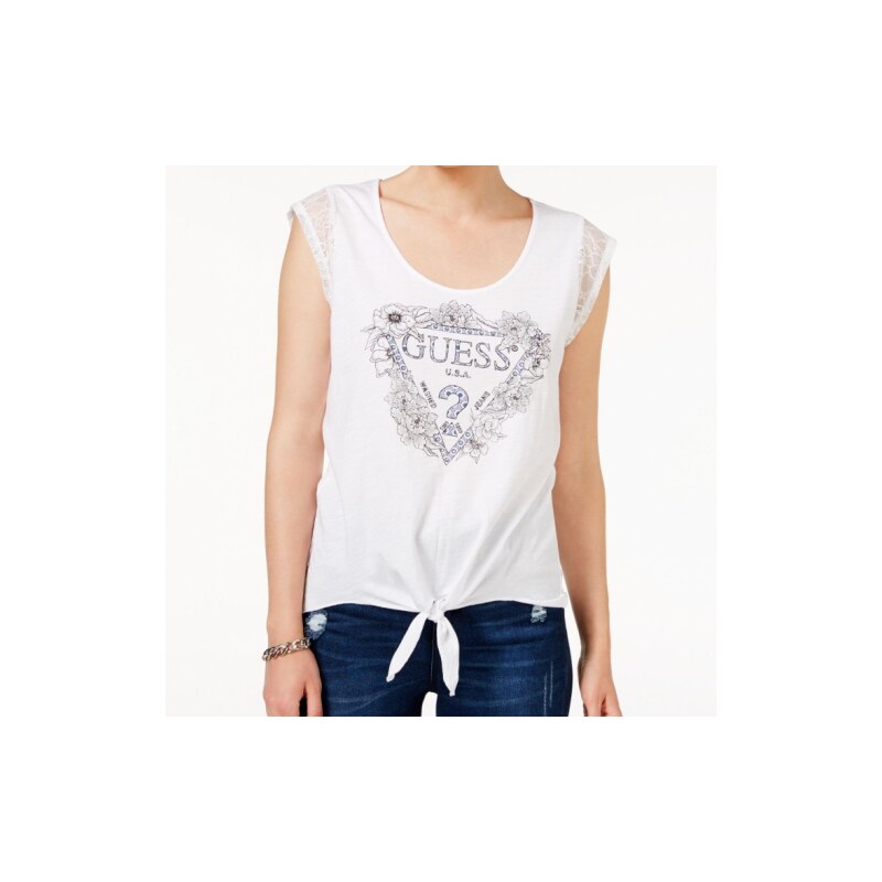 Triko Guess Lace-Trim Tie-Front Logo Tee