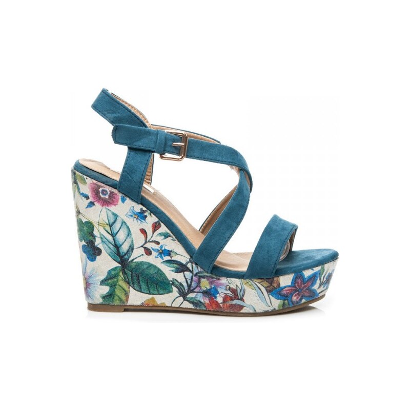 BELLUCCI Dámske modré sandále na platforme s květinovým vzorem