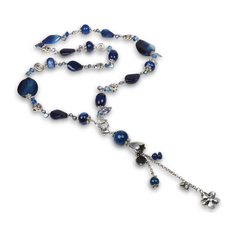 JwL Luxury Pearls Dlouhý náhrdelník s modrým achátem a pravými perlami JL0168