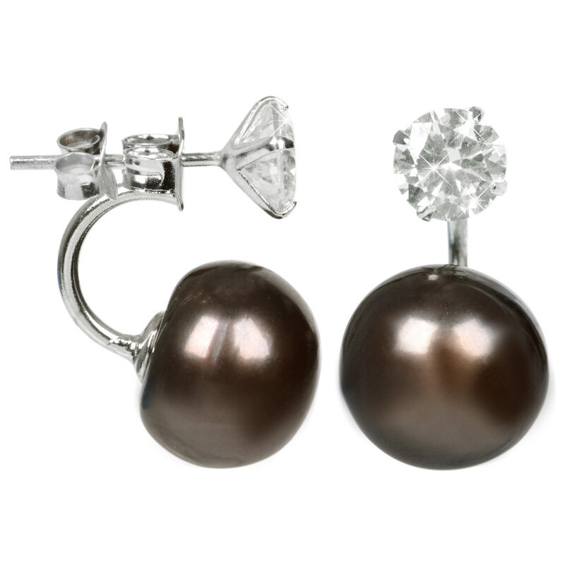 JwL Luxury Pearls Stříbrné dvojnáušnice s pravou hnědou perlou a krystalem JL0217