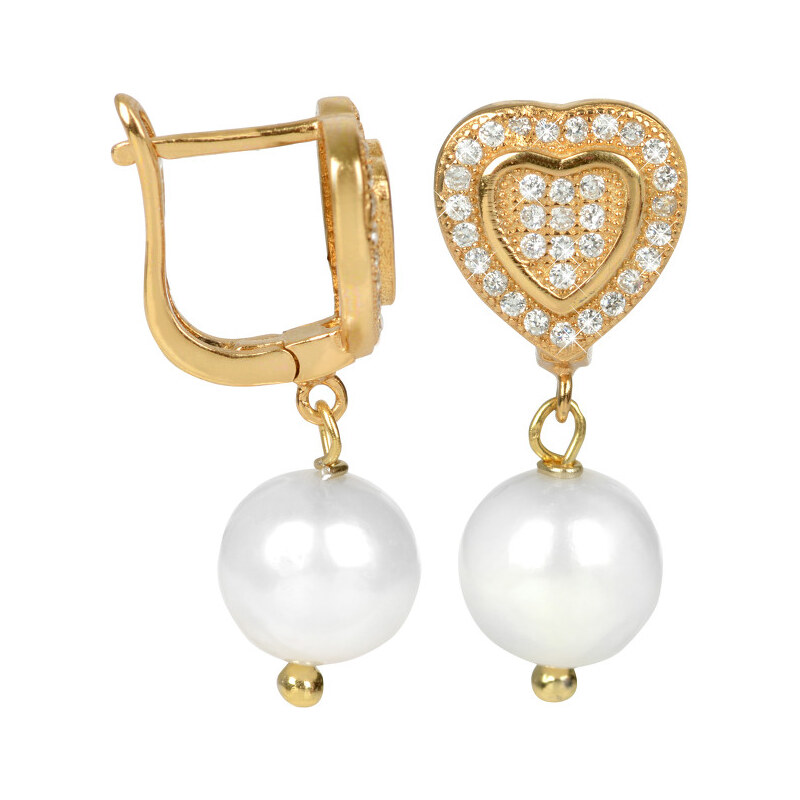 JwL Luxury Pearls Zlacené stříbrné náušnice srdíčka s bílou perlou JL0236