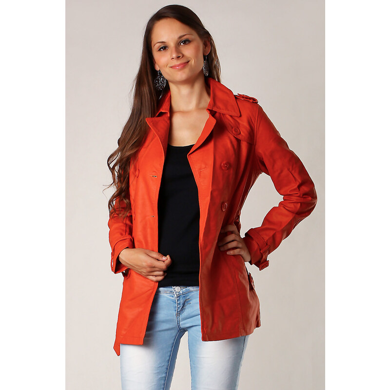 TopMode Dámský koženkový kabátek s páskem (oranžová, XL)