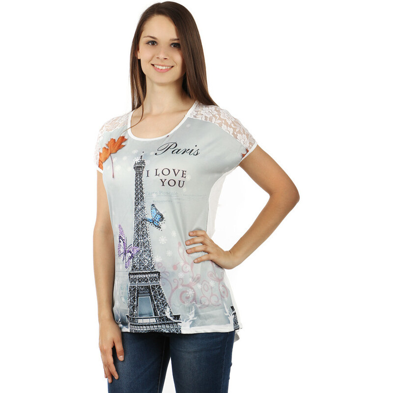 YooY Dámské volné tričko s potiskem Paříž (bílá, XL/XXL)