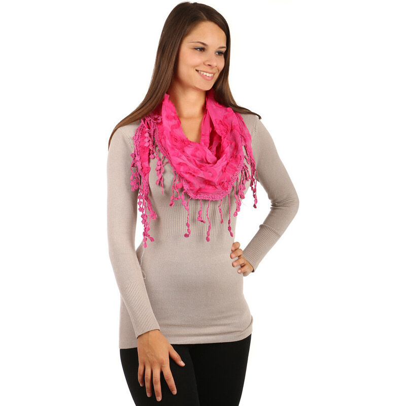TopMode Elegantní šátek s třásněmi a našitými motivy tmavě růžová