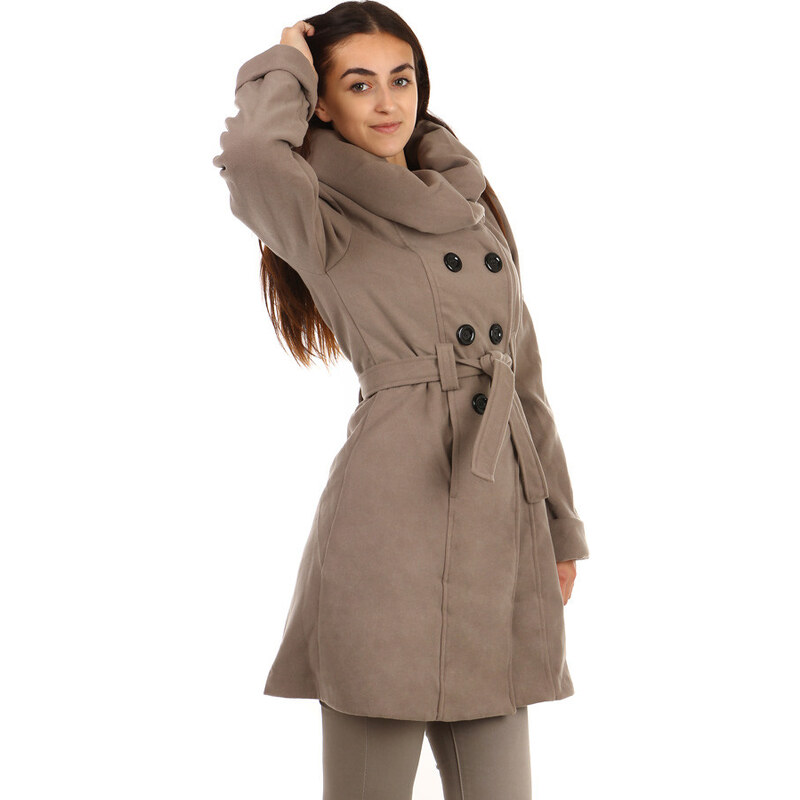 YooY Stylový delší kabát s výrazným límcem - i pro plnoštíhlé (béžová, XL) béžová